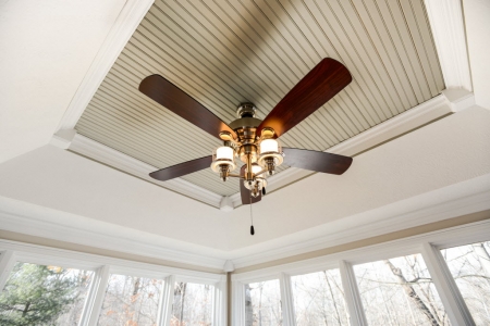 ceiling fan with lights, mounted inside a house